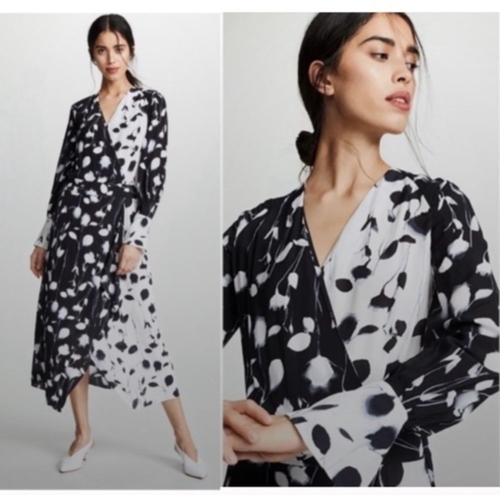 Equipment Femme Dress Neema Midi Satin Faux Wrap in Black White Floral